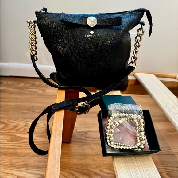 kate spade Handbags - Kate Spade  Black Pebbled Leather Crossbody with Gold Chain and bracelet bundle.